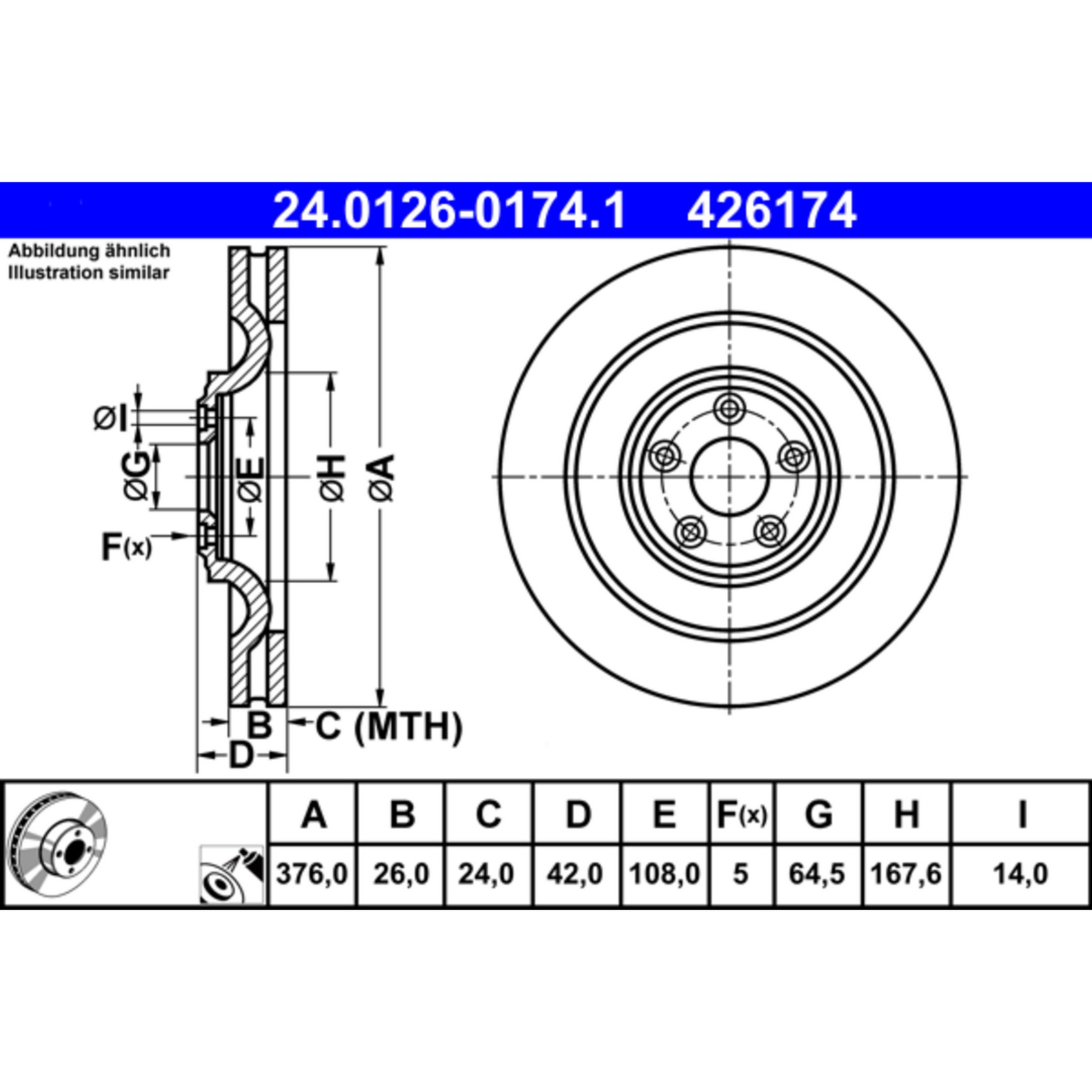 ATE Original Rear Disc Brake Rotor 426174 for Jaguar ATE 416-426174